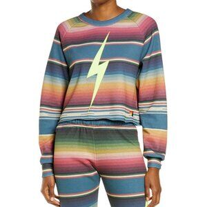 Aviator Nation Lightning Bolt Stripe Crop Sweatshirt in Blue Size M